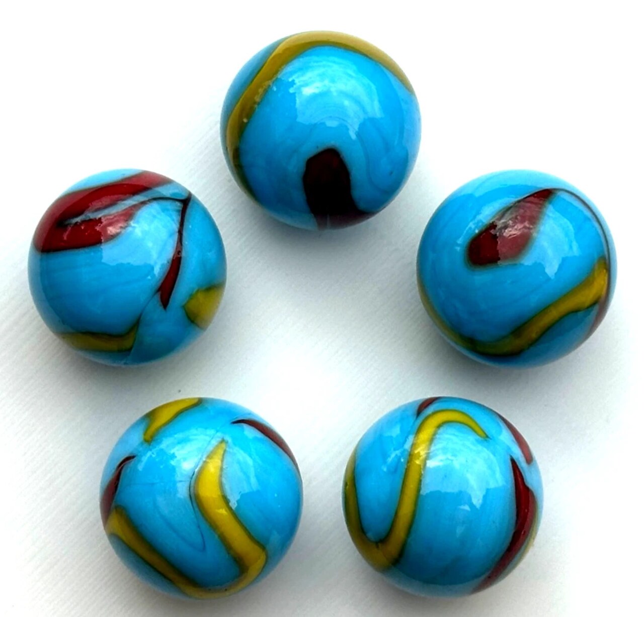 SERPENT Blue/Yellow/Red Swirl Glass Marbles 22mm (7/8 inch) SHOOTER Taw (Lot of 5)